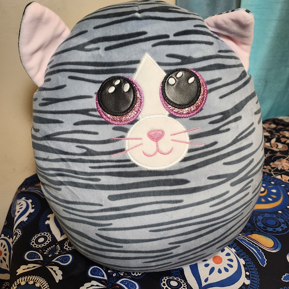Ty Squish-a-Boo Kiki Cat Plushie Gray and Pink Striped Cat Stuffed Animal